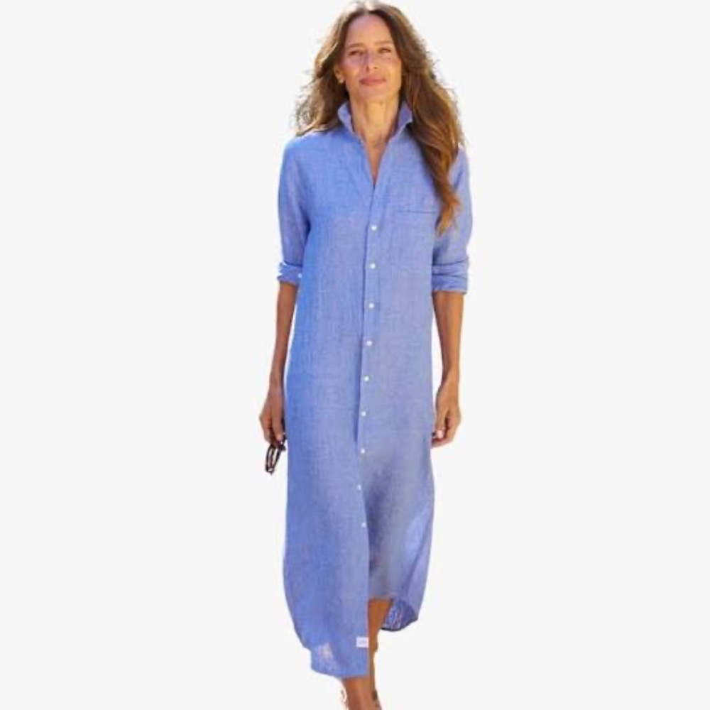 Frank & Elieen Rory Maxi Shirtdress blue linen, Large